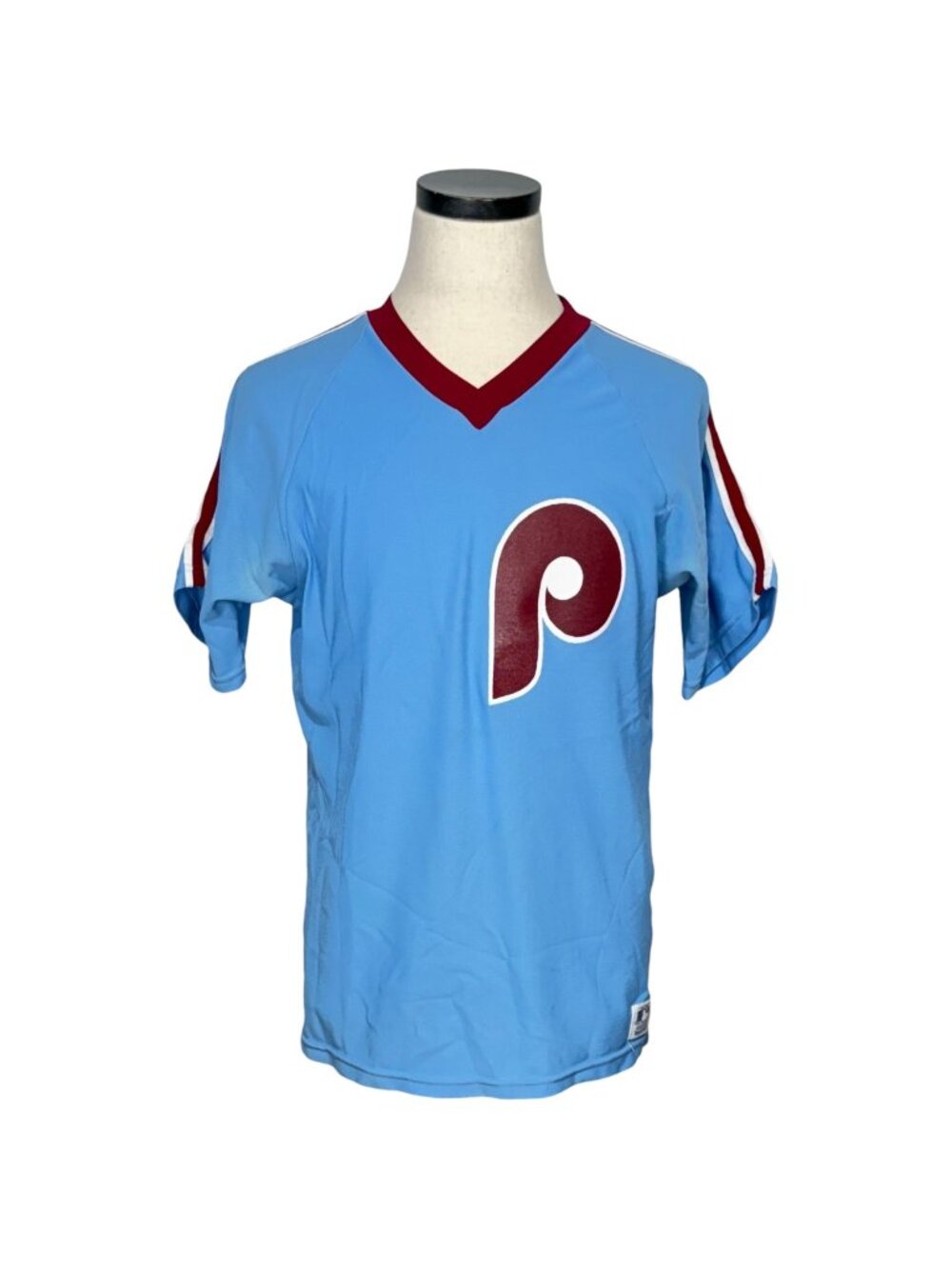 Vintage 80s MLB Philadelphia Phillies Sand-Knit Jersey Large Blue V-Neck Short S